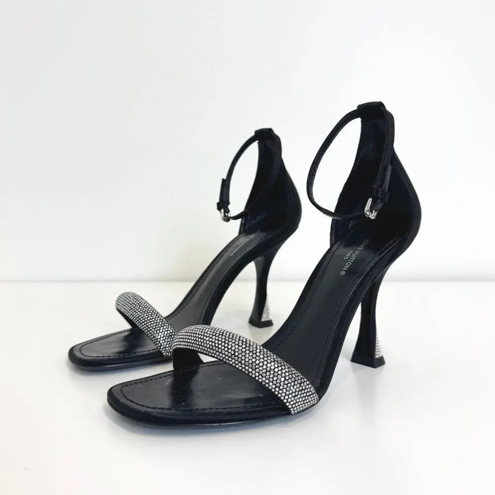 Louis Vuitton Black Satin Rhinestone Ankle Strap Heeled Sandals 37.5 NEW LV Shoe